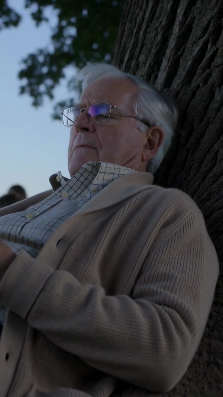 Vertical video: Sitting senior watching people at trunk as frames roll in park, blue lens, cardigan
