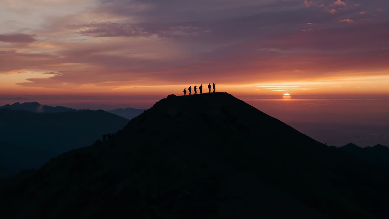 Reaching summit six hikers celebrating sunrise on summit ridge predawn, with jackets poles cameras