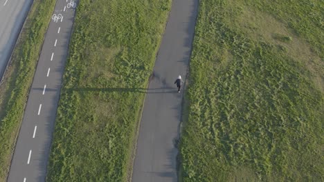 man walking on sidewalk surrounded by grass, long shadow from sunset, aerial