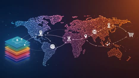 visualizing global connectivity: a data-driven map highlighting economic pathways and digital transactions across distinct regions in an abstract format