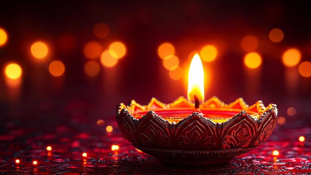 Luci Diya brillano di notte. Una diya con una fiamma brucia intensamente di notte. Lo sfondo mostra molte luci soffuse che creano un'atmosfera festosa.