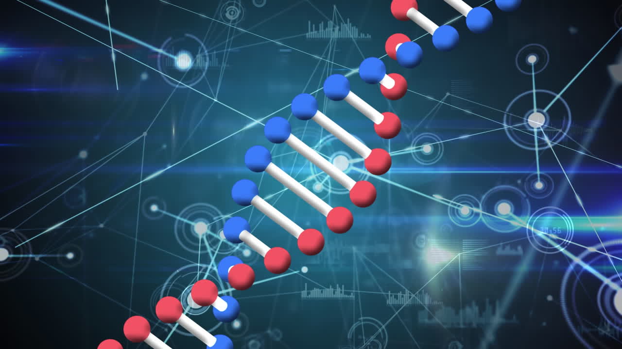 Digital animation of dna structure spinning against network of connections and data processing