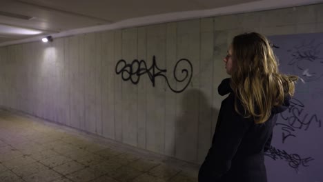 chica caminando por el pasaje subterráneo durante la noche.