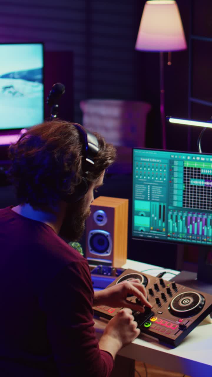 Uomo che mixa musica elettronica su controller DJ in uno studio domestico