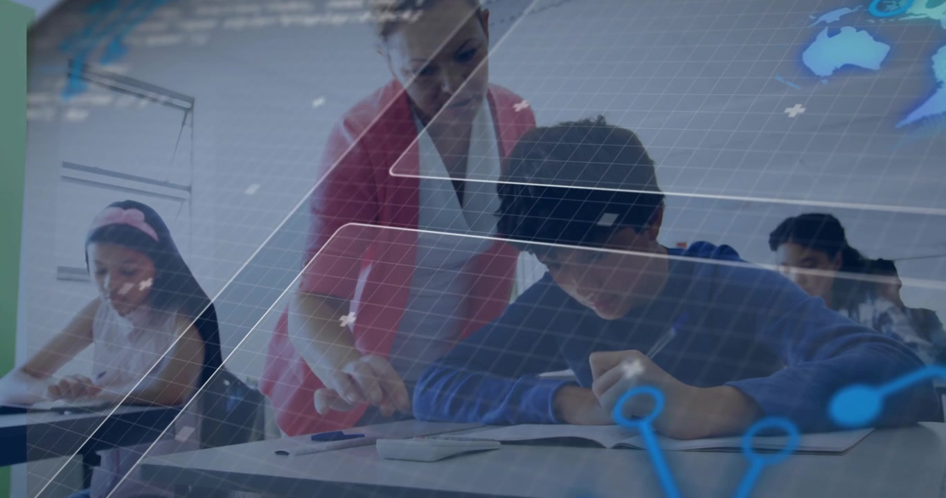 Teacher entering classroom leaning over desk guiding worksheet with grid map overlay boosting focus