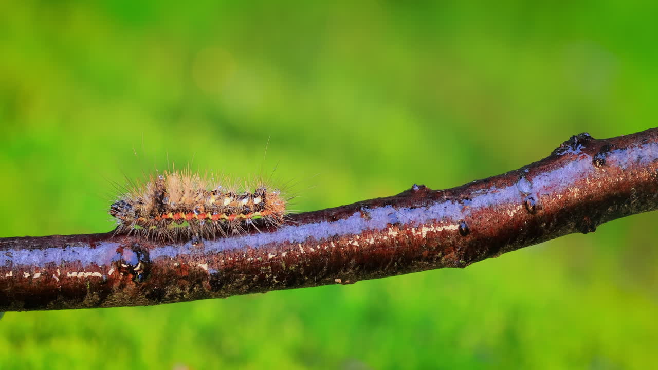 la oruga de cola amarilla (euproctis similis), oruga de cola dorada o oruga de cisne (sphrageidus similis) es una oruga de la familia de los erebídeos. la oruga se arrastra a lo largo de una rama de árbol sobre un fondo verde.