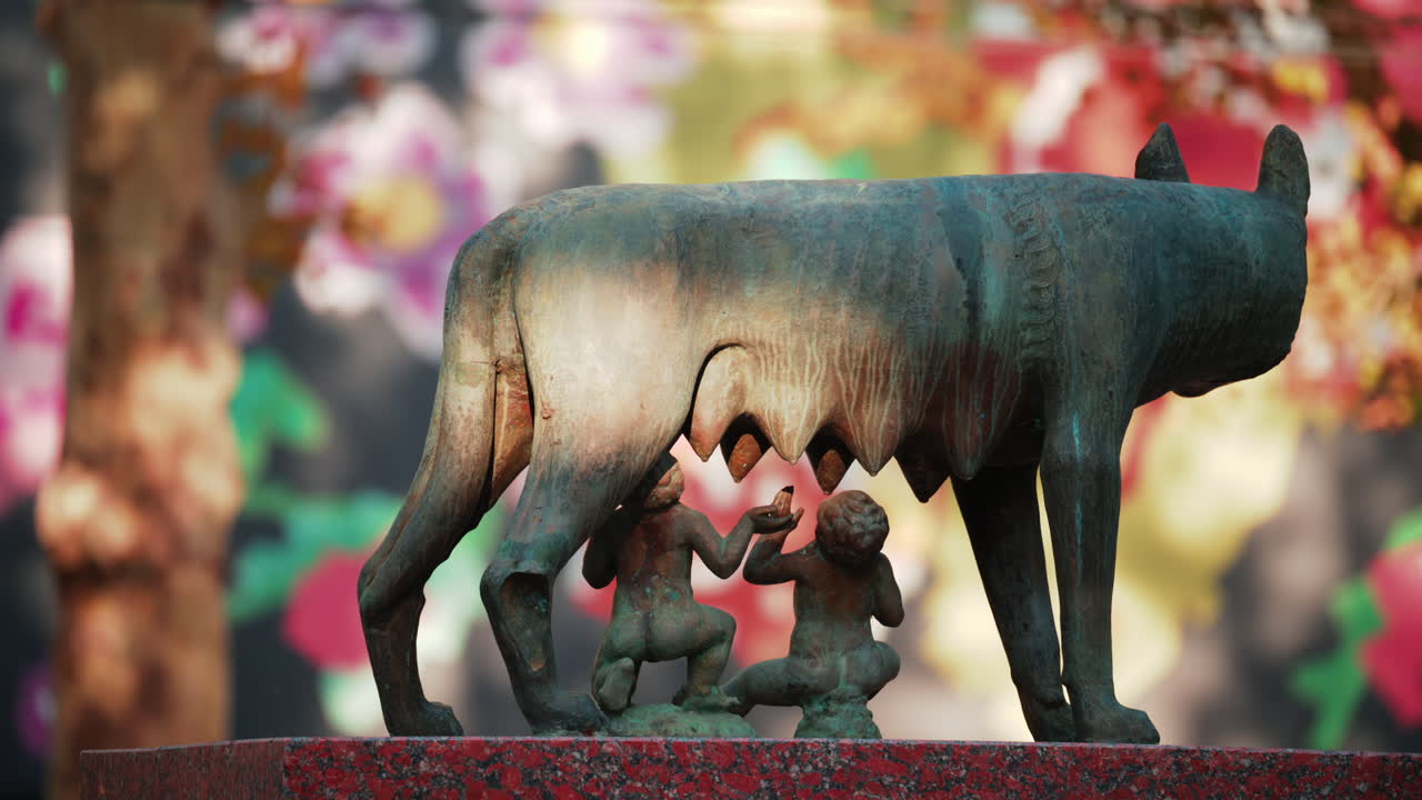Chisinau, Moldova - September 25, 2025: Historic bronze statue of the Capitoline Wolf with Romulus and Remus on a red marble pedestal in front of the National History Museum of Moldova
