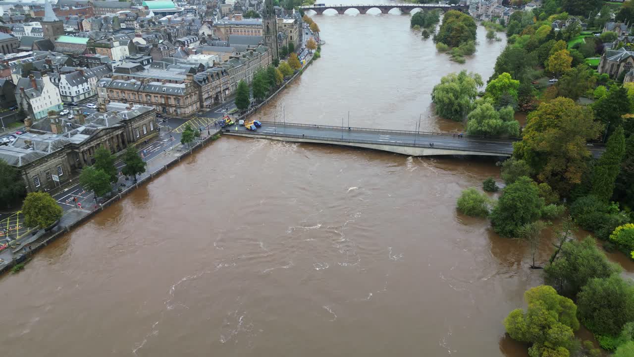 Queen's Bridge above River Tay being closed down during catastrophic floods- 8