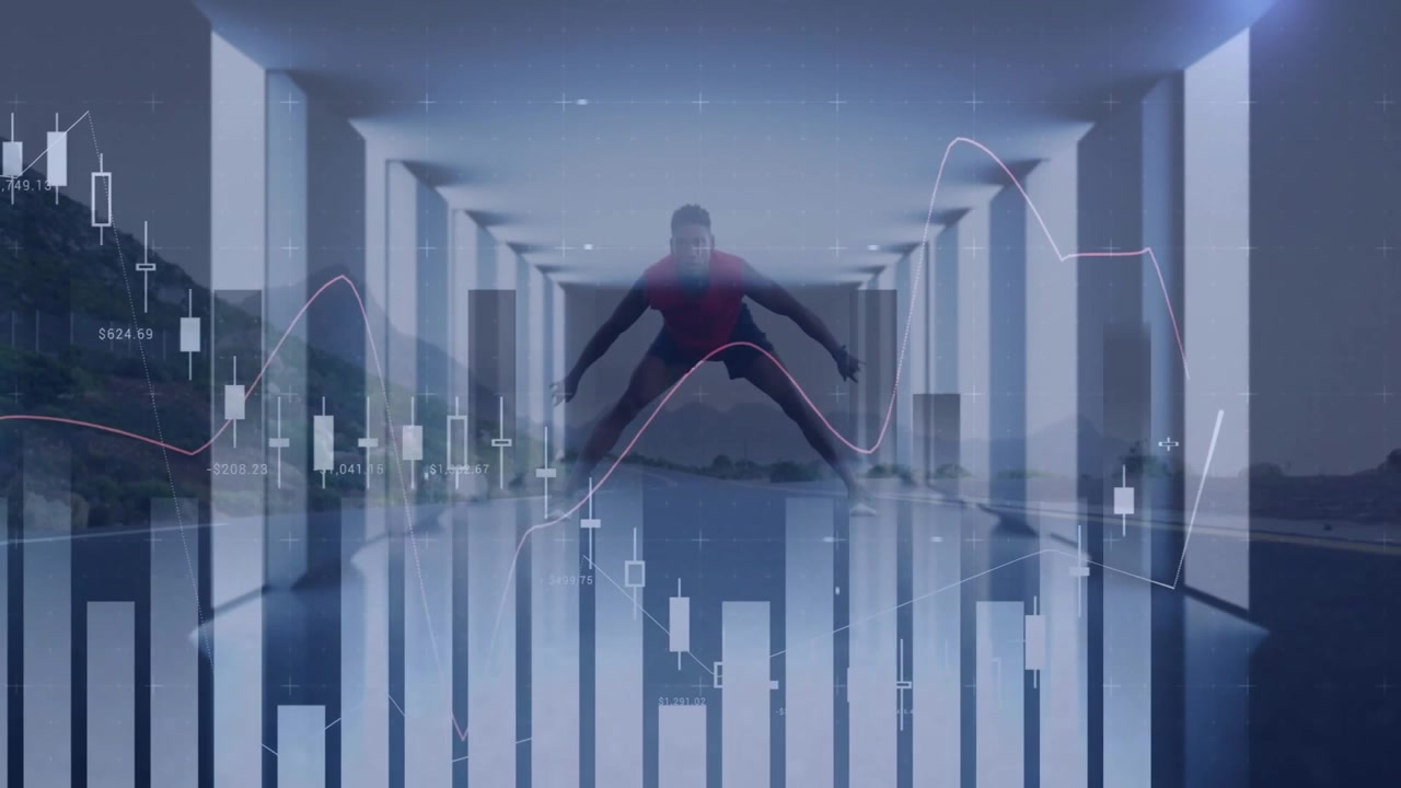 Athlete holding stretch in corridor reacting to rising financial bar charts amid starting sprint