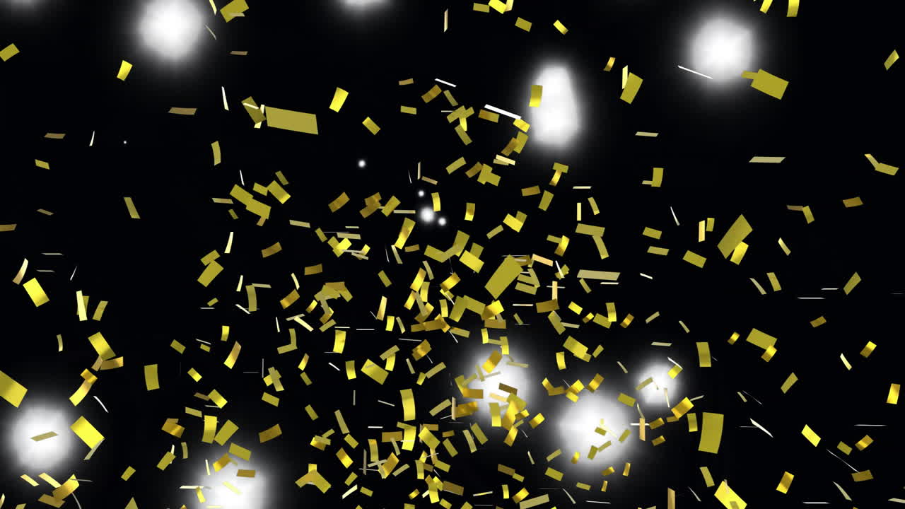 Falling gold confetti over glowing lights creating animation on dark background