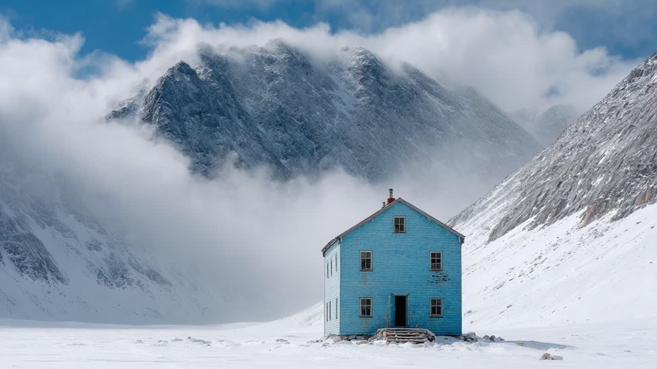 A solitary blue house stands firmly against majestic mountains, surrounded by a serene winter landscape marked by snow and wispy clouds, evoking a sense of isolation and tranquility