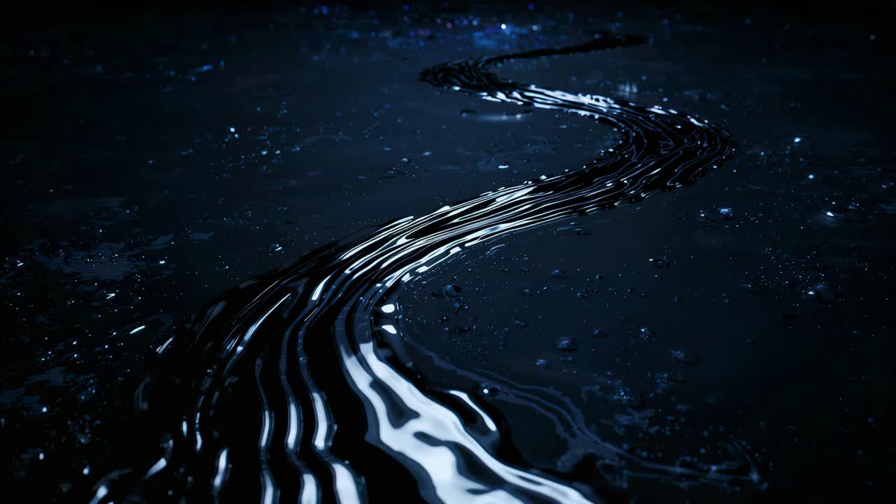 Flowing black ribbon pulled by gravity across dark textured surface, with highlights and droplets