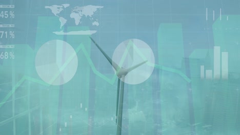 animation of infographic interface against windmill spinning against clear sky