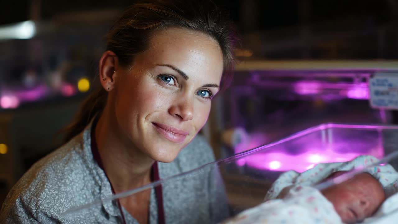 En omsorgsfuld sundhedsperson smiler, mens vedkommende tager sig af en nyfødt baby på en neonatal intensivafdeling, hvilket viser båndet mellem plejepersonale og patient i et varmt og støttende miljø.