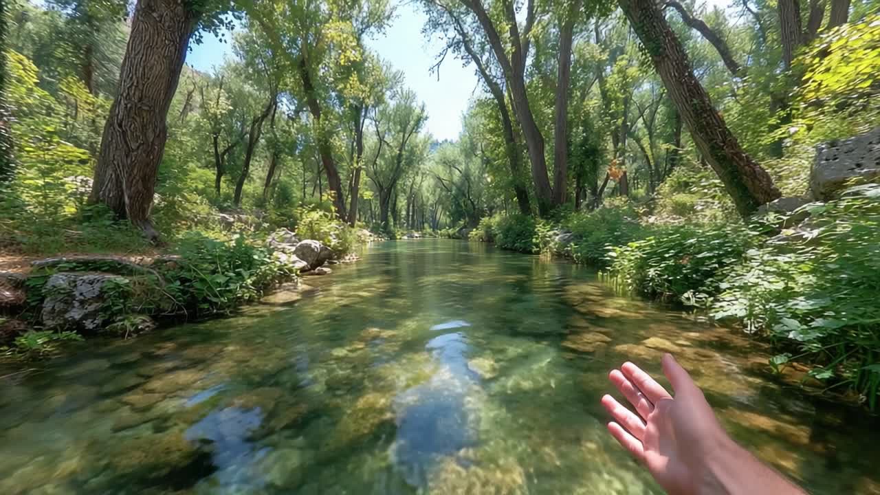 Uma Cena Serena de Verão à Beira do Rio de Águas Claras e Correntes Rodeada por Árvores e Vegetação Verdejante Exuberante, Convidando à Beleza Natural para Relaxamento e Momentos de Paz