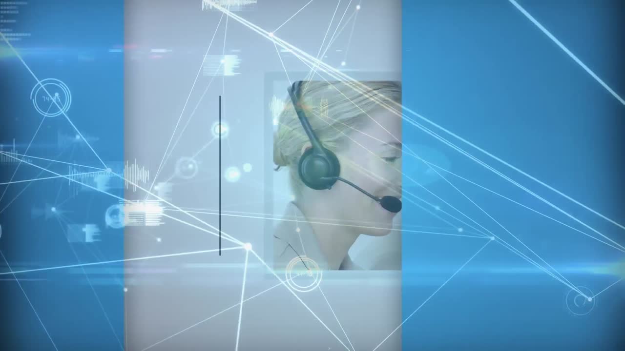 Animazione di un uomo d'affari che usa cuffie telefoniche e una rete di connessioni
