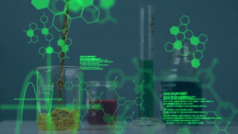 Animation-of-scientific-data-processing-over-beaker-and-test-tubes-in-laboratory