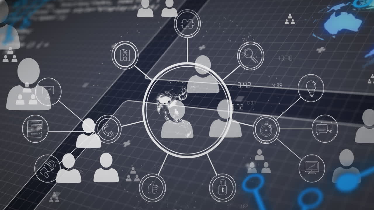 animación de la red de conexiones con iconos sobre fondo azul