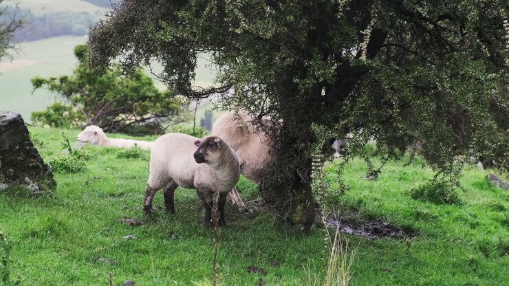 Un morbido agnello bianco che si ripara sotto un albero per rimanere asciutto durante un temporale.