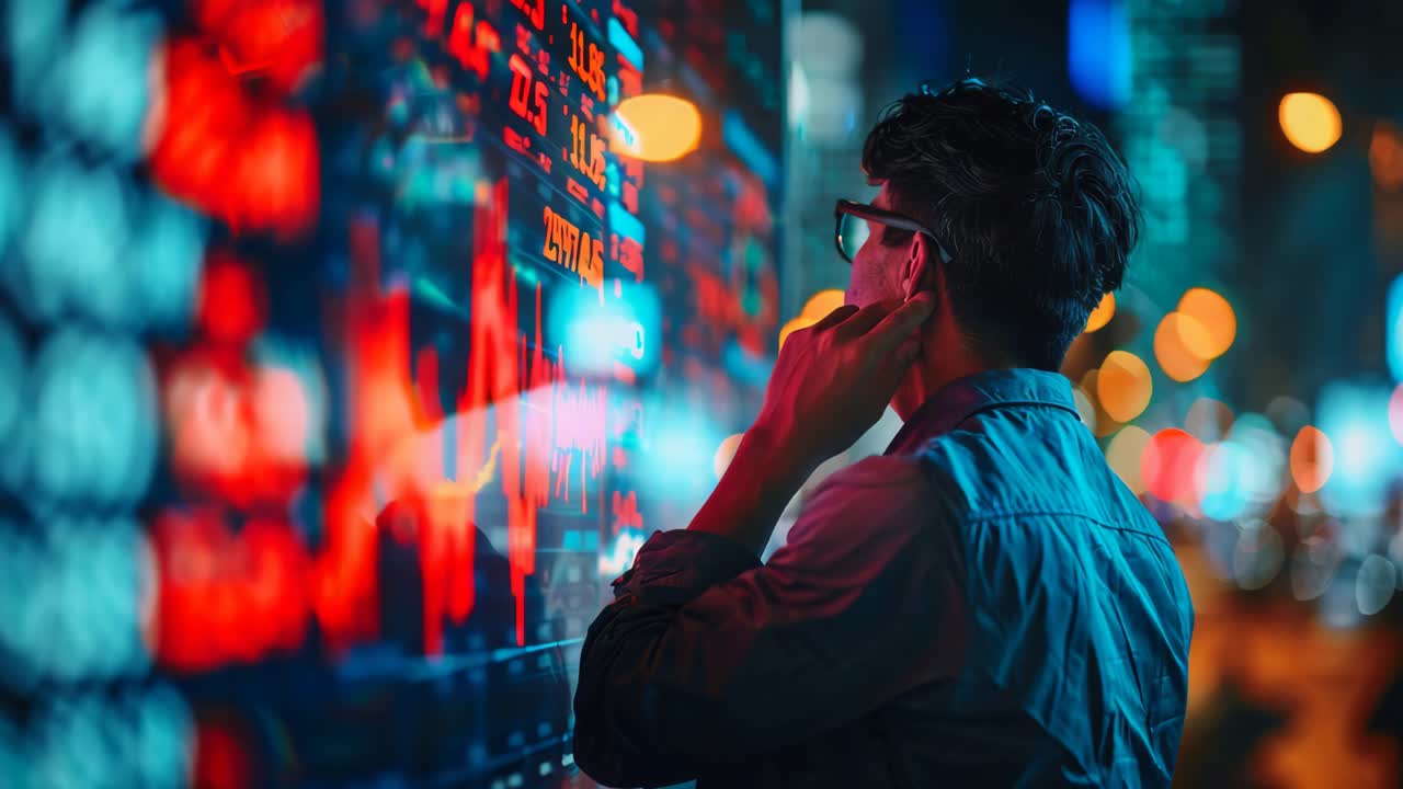 Man looking at stock market display at night