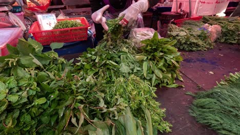 hands sorting fresh greens at a busy market