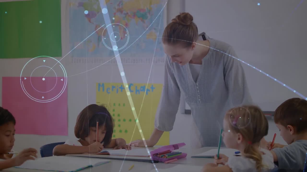 анимация сети связей между разнообразными учениками и кавказской учительницей в классе