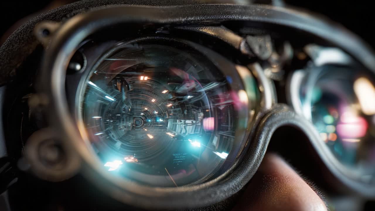 Intricate Reflections of a Futuristic Environment Captured Through High-Tech Goggles, Showcasing Complex Depths, Colors, and Details in a Sci-Fi Setting - A Journey into Virtual Reality