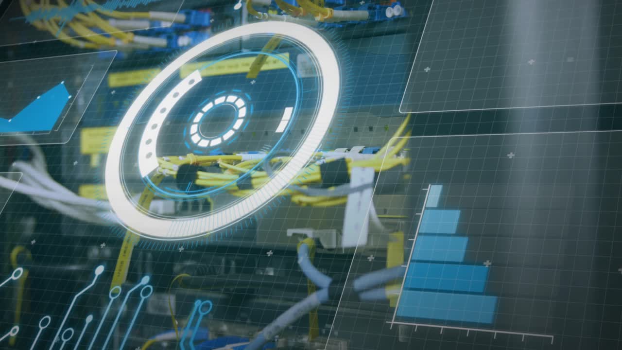 animación del procesamiento de datos a través del escaneo del alcance y los cables del servidor informático