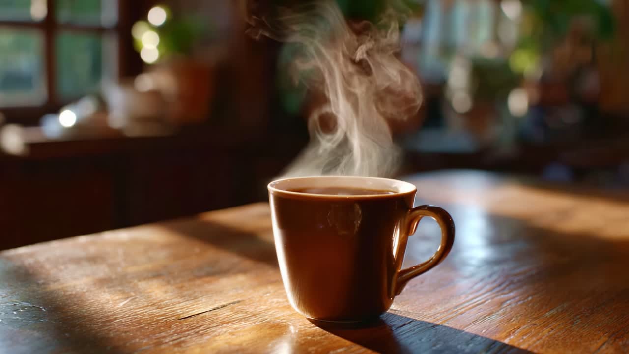 Una scena mattutina accogliente con una tazza di caffè fumante su un tavolo di legno, immersa in una luce naturale soffusa, che evoca calore e comfort in un ambiente rustico
