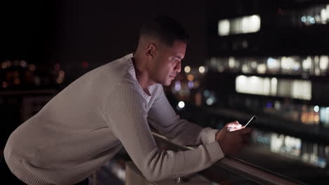 business man, phone and night data while online