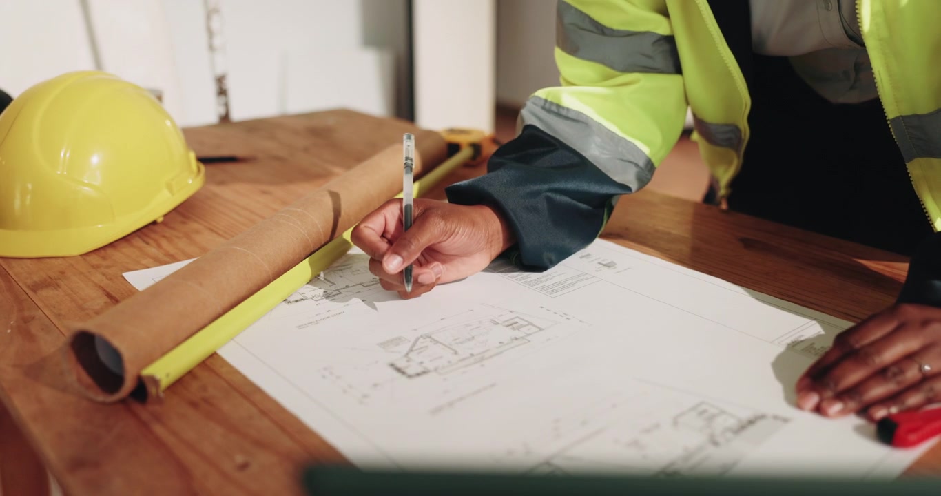 Construction Engineer Reviewing Architectural Blueprints on Site