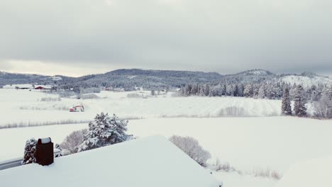 houses on snow-covered landscape in norway on cloudy winter day