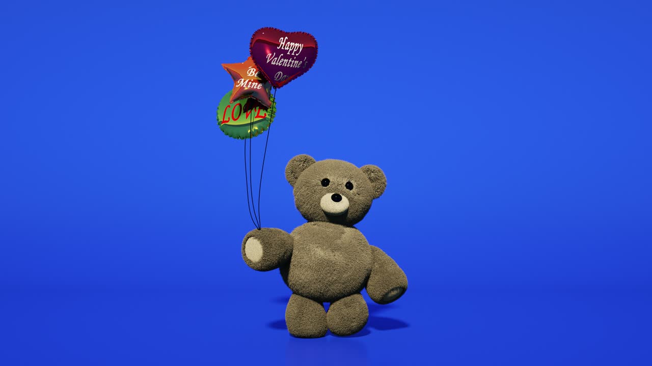 Teddy bear with colorful balloons. on a blue screen. Toy bear walking seamless loop. Animation for Valentines day. Alpha channel.