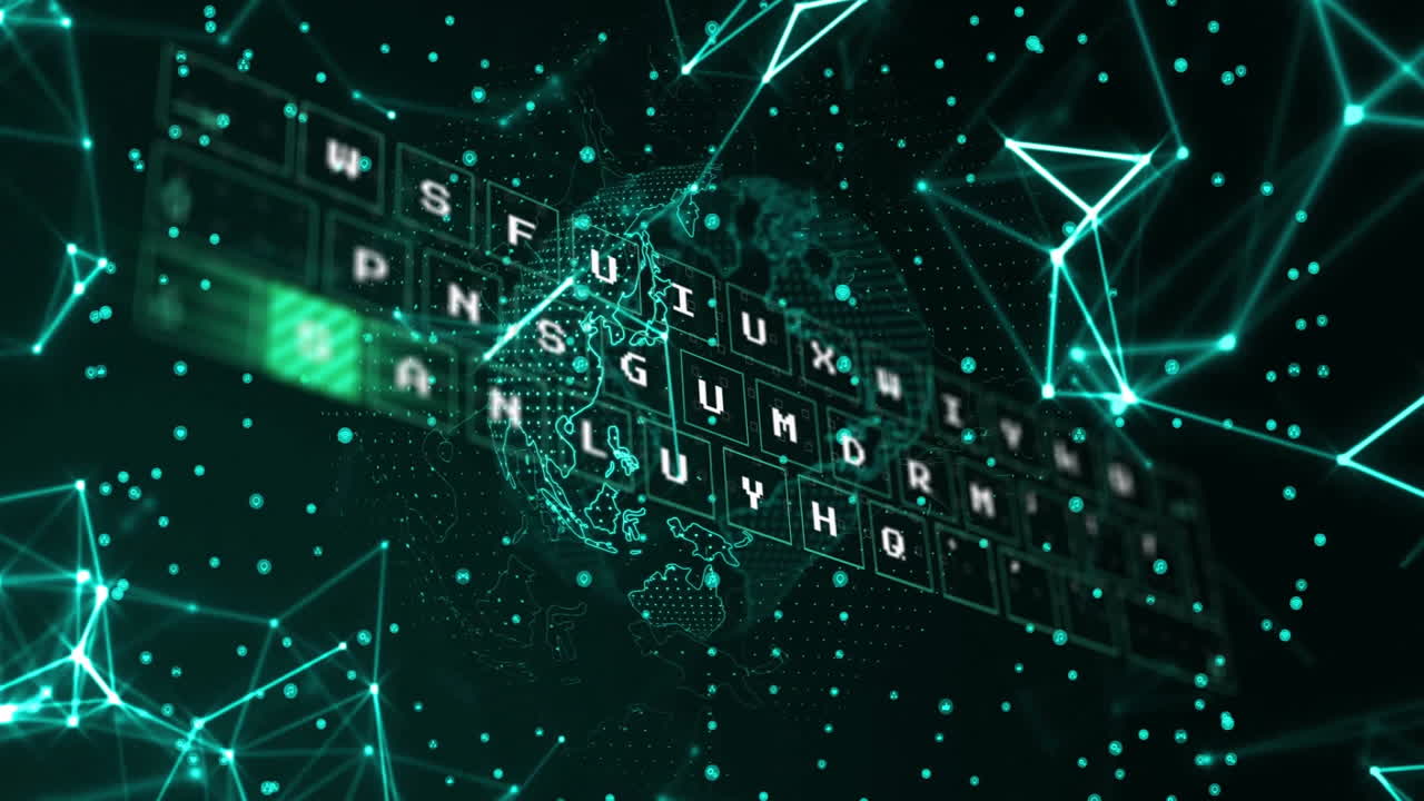 Animation of data processing over network of connections and globe on black background
