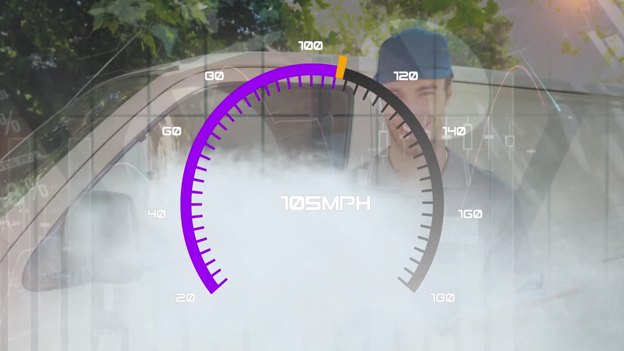 анимация спидометра над доставщиком рядом с машиной