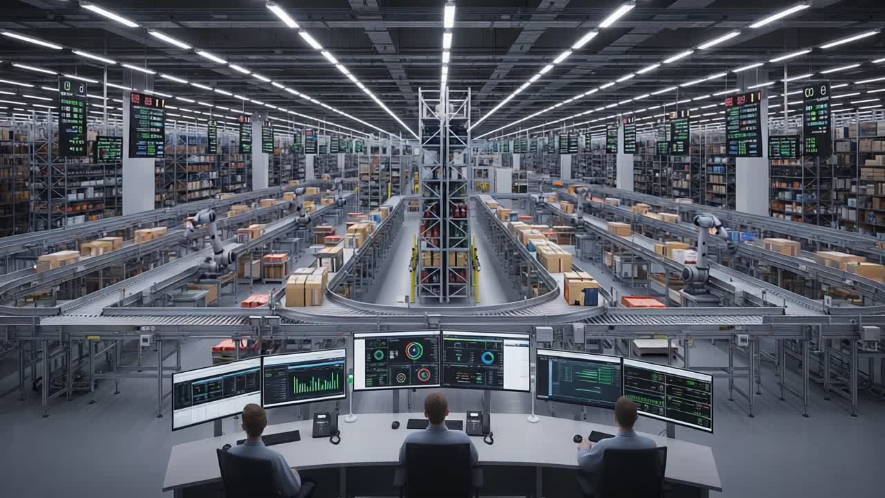 Automated Warehouse Operations: A Comprehensive View of the Advanced Logistics Hub with Monitoring Stations and Robotics for Efficient Inventory Management