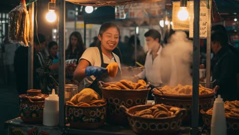 a vibrant street food scene: a young vendor joyfully prepares delicious treats at her stall, surrounded by steaming breads and local delicacies, enchanting customers