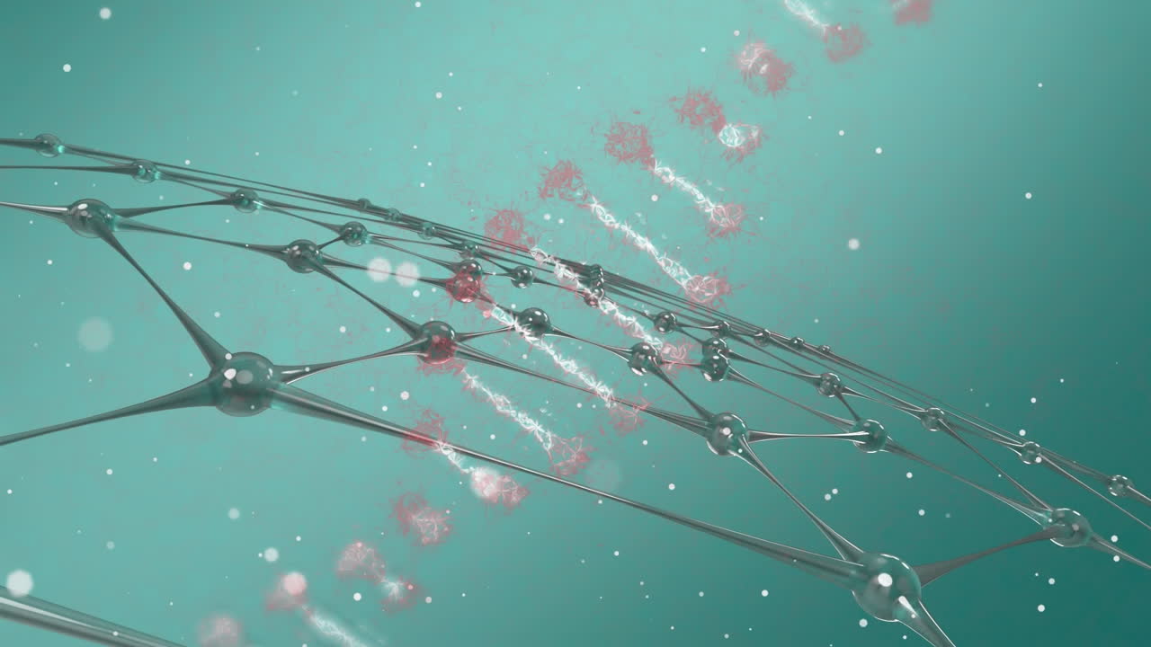 파란색 배경 위에 회전하는 dna 가닥과 그리드의 애니메이션