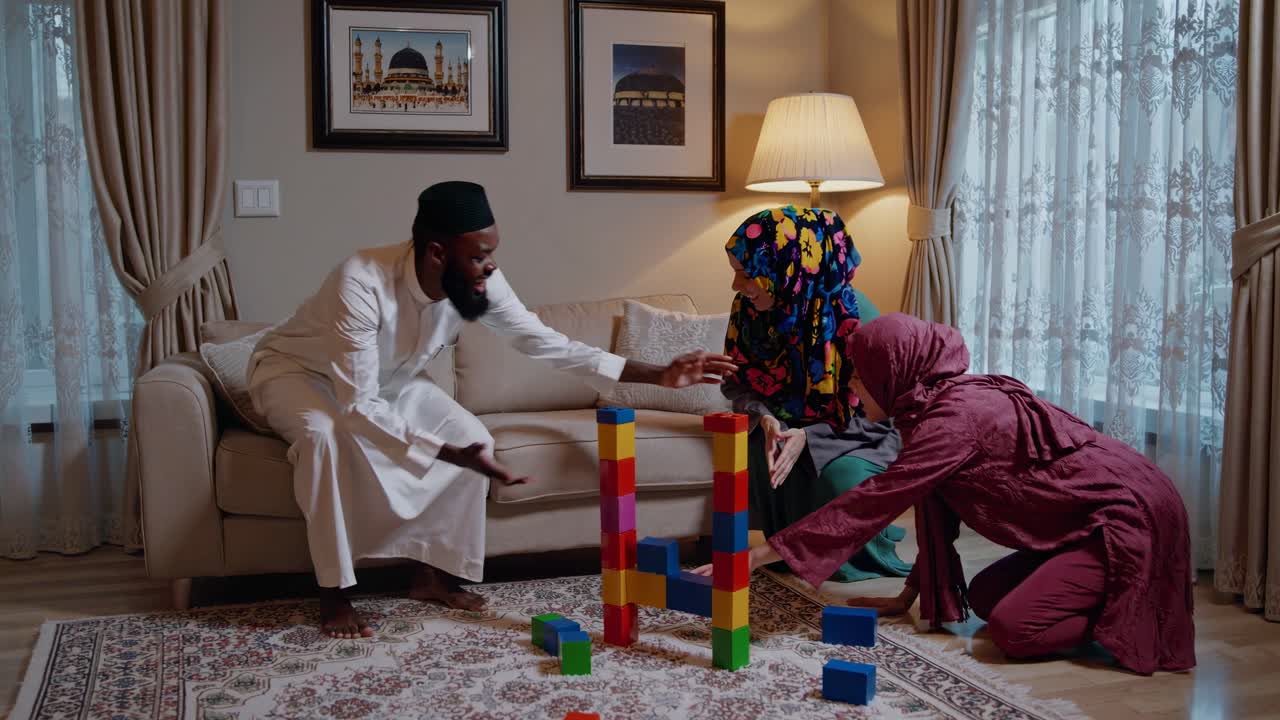 A cozy family video scene in a warmly lit living room, shot from a wide angle, showing a family