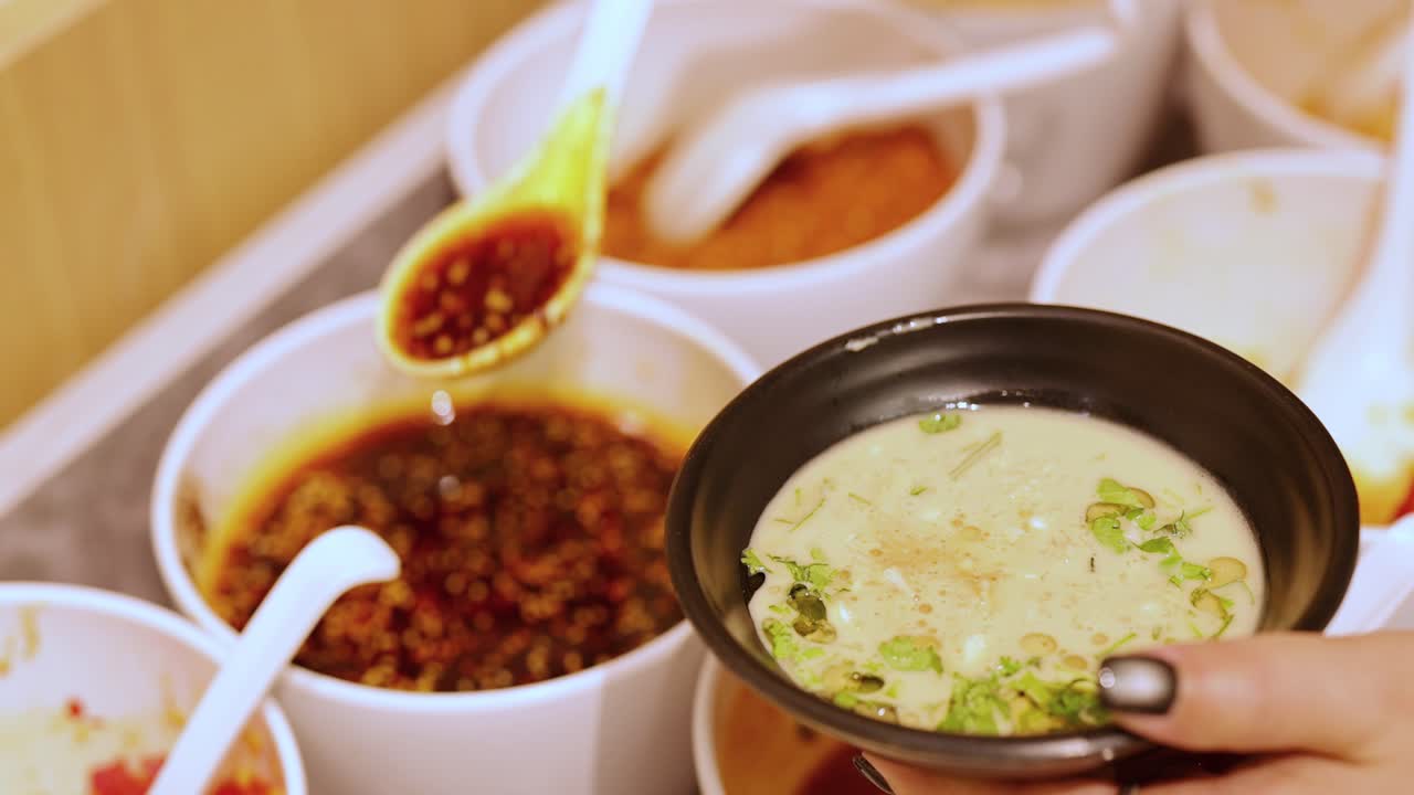Hand pours chili oil into sesame sauce bowl at condiment bar, warm lighting, close-up view