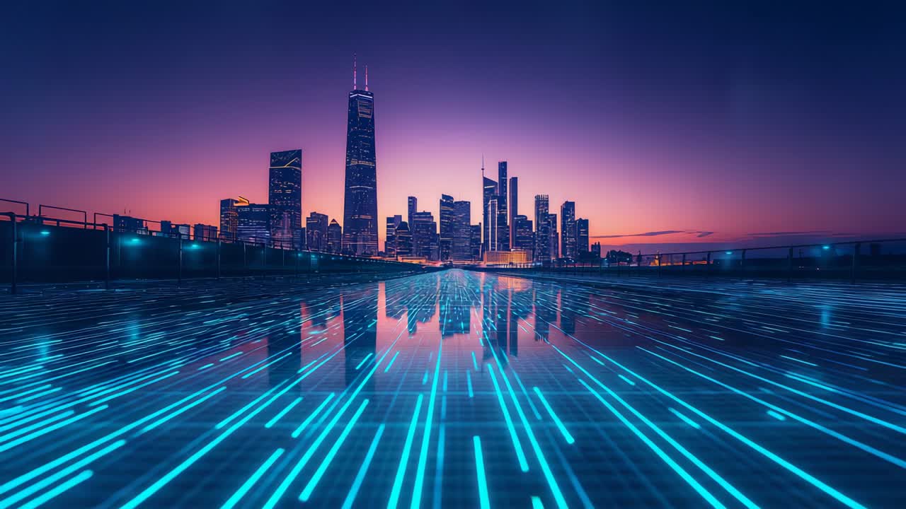 Neon-blue grid and skyline shimmering at dusk on roof by railing, with lit skyscraper reflections
