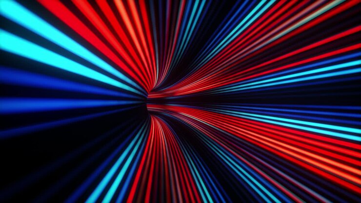Abstract speed up digital light vortex rotation in futuristic sci-fi virtual reality tunnel seamless loop. 4K 3D rendering grid Tunnel with Light Lines VJ motion graphics for science, technology, music video, EDM.