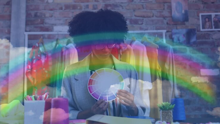 Video of rainbow over biracial female designer
