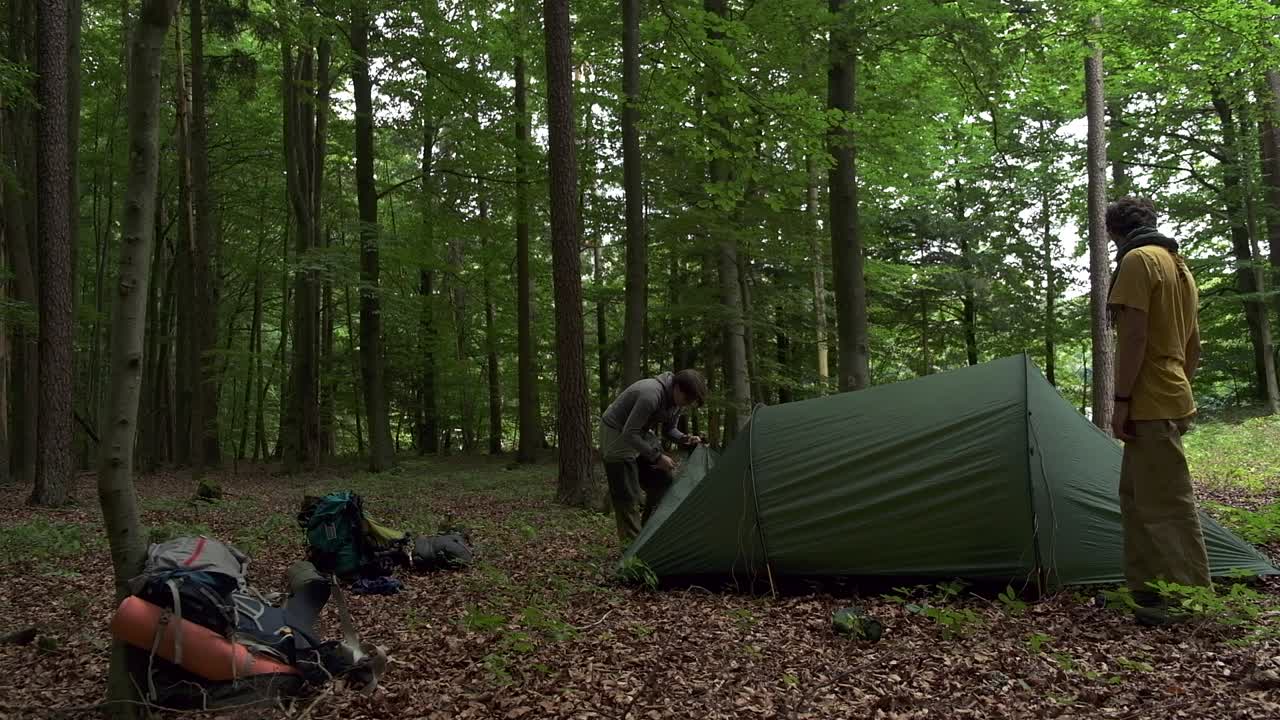 Person sets up tent in peaceful forest on a calm day, enjoying nature