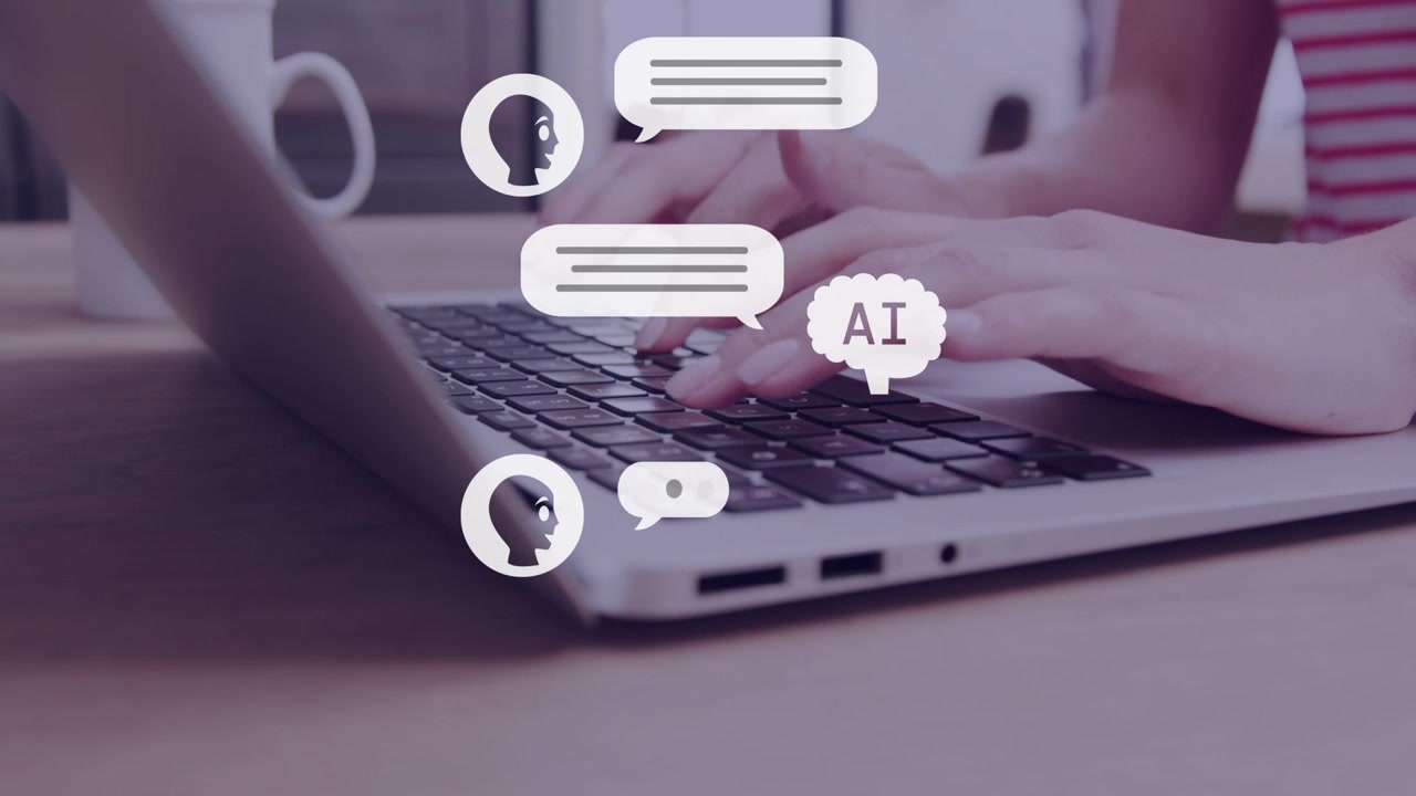 Hands typing on laptop, generating stacking chat bubbles by right-hand AI cloud managing tech chat