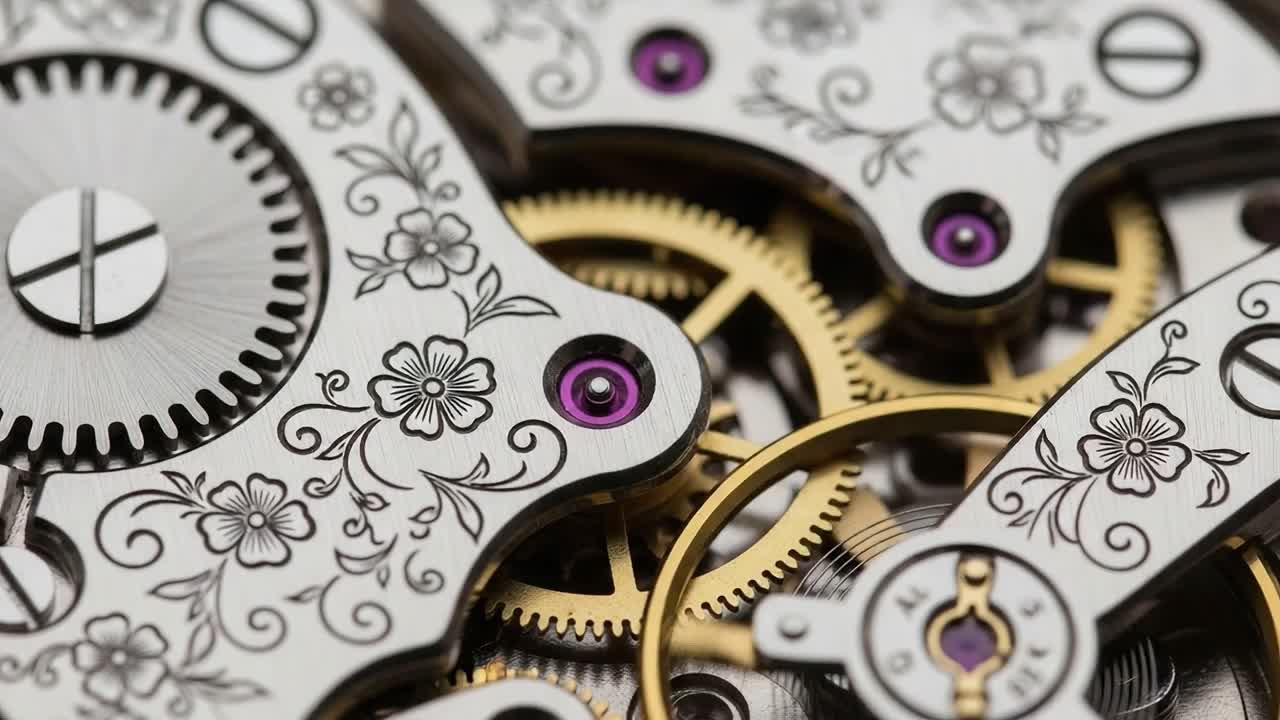 Intricate Timepiece Mechanics Showcasing Floral Engravings and Purple Jewels in a Close-Up View of Watch Gears and Components