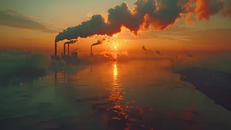 industrial factories polluting at sunset