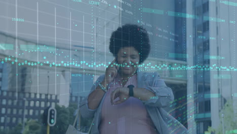 animation of graphs, trading boards, biracial woman talking on cellphone and looking at smartwatch