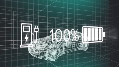 Animación-De-Datos-Del-Estado-De-Carga-En-La-Interfaz-Del-Vehículo-Eléctrico,-Sobre-Un-Modelo-De-Automóvil-En-3D.