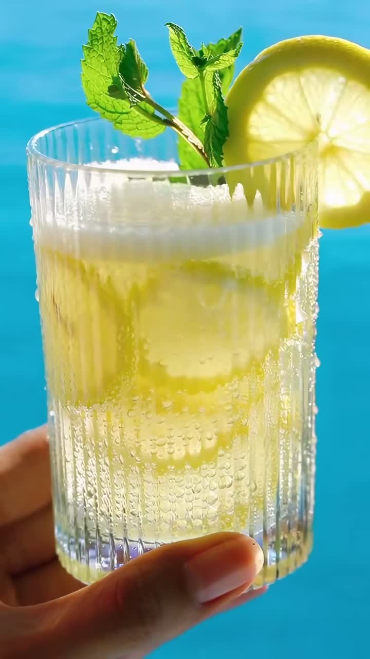 Video ravvicinato di una bevanda rinfrescante al limone con menta, tenuta su uno sfondo blu vivace